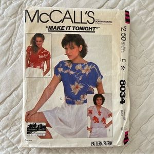 Vintage McCall's 8034 Pattern - Misses Tops - Misses Size 12 Bust 34